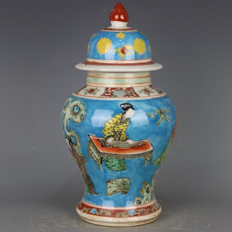 康熙藍地パステル人物将軍缶  景徳鎮 陶磁器 装飾品 現代工芸品 美術品 置物