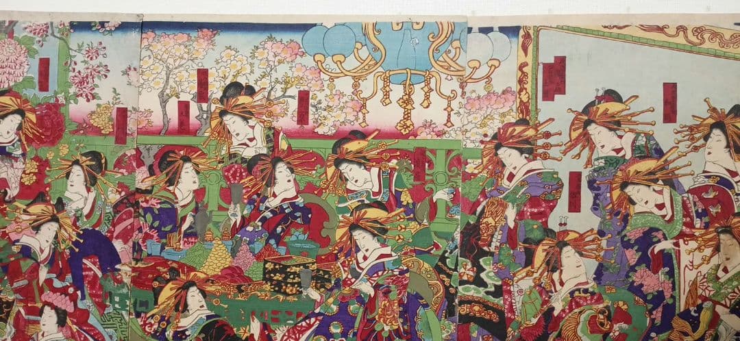 浮世絵版画、東京新吉原別品揃三枚綴り、橋本周延画明治11年1月出版