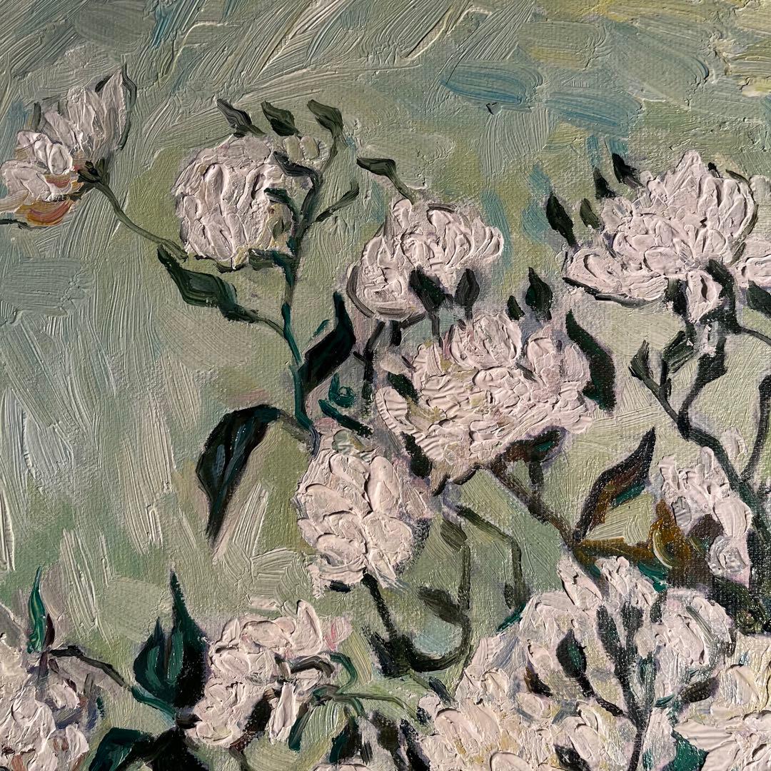 ★秀作★ 手書き油絵 ゴッホ 花瓶のバラ額付 肉筆絵画 インテリア 油彩画