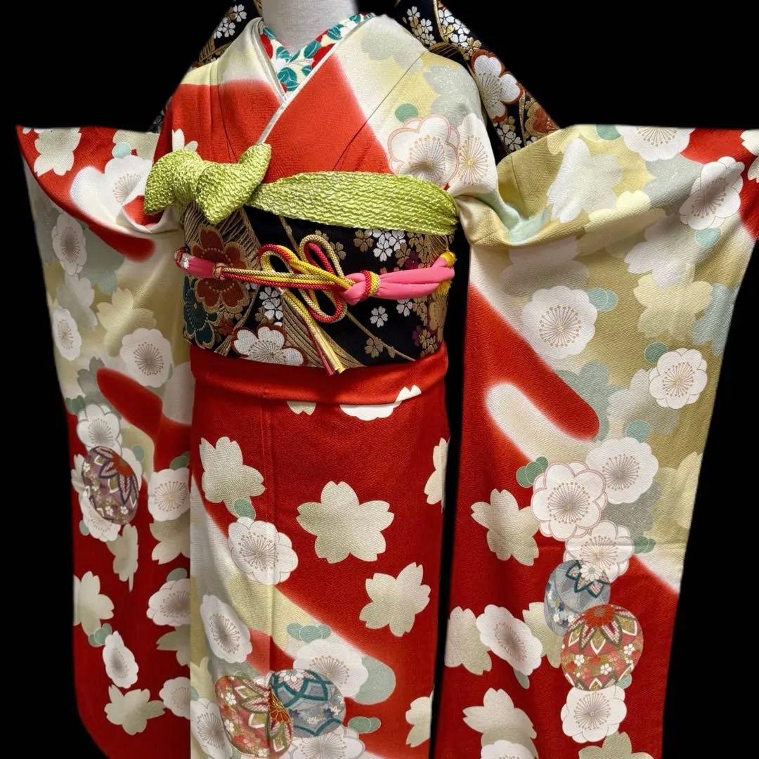 美品　振袖フルセット　トールサイズ　160〜170cm　梅・桜・毱・古典柄　裄長