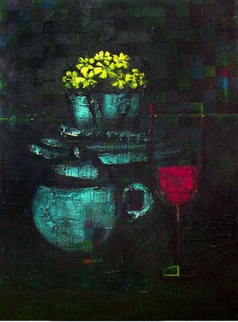 油絵 菅家令子 絵 絵画 インテリア uF6-063404 静物 花 グラス 器