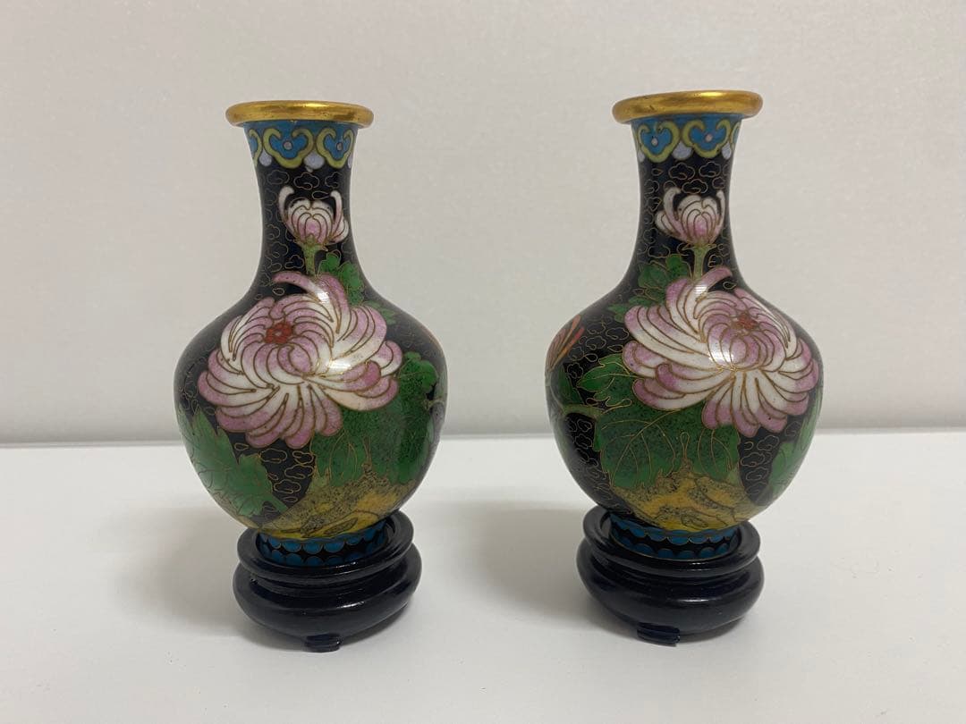 中国美術 花瓶 一対 台付き 中国七宝 花器 壷 景泰藍 花鳥図 唐物 七宝焼