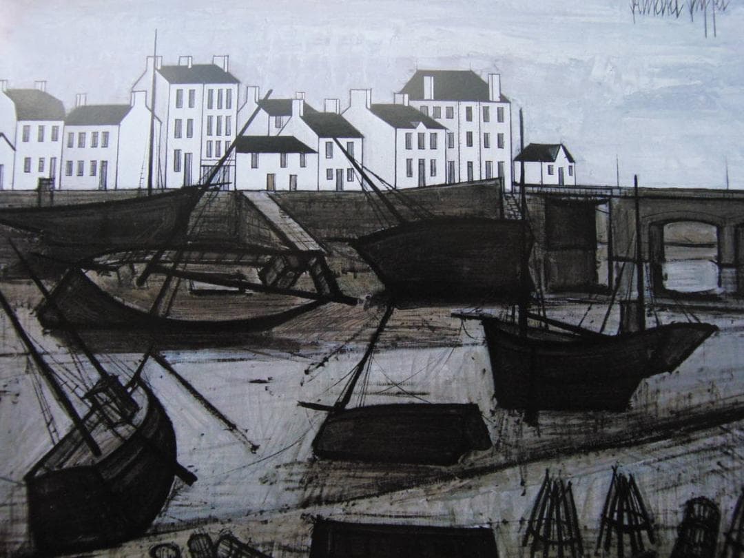 ベルナール・ビュッフェ、「Bareaux de peche」、希少画集の額装画