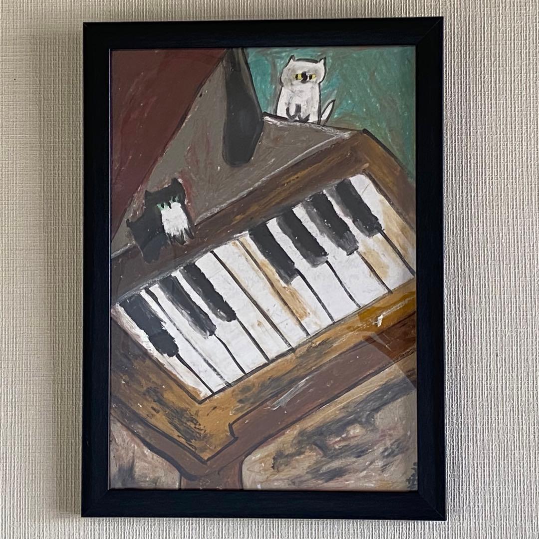 絵画。壁掛け原画【可愛い猫たちとロマンチックのピアノ曲】