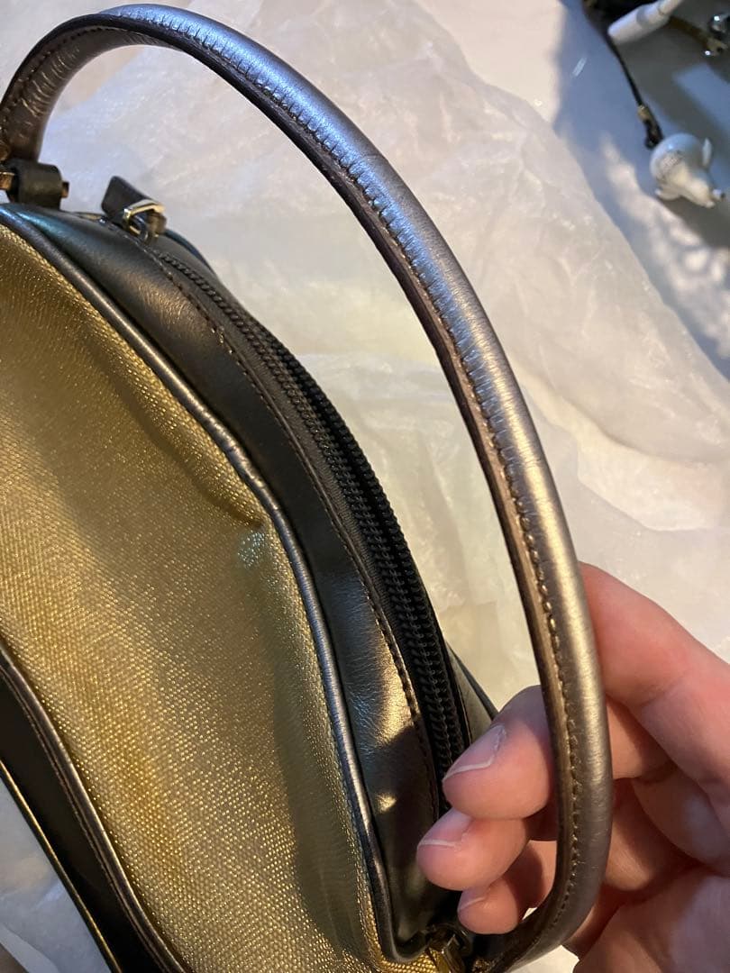 GUCCIグッチ美品ミニハンドバッグポーチ結婚式ゴールドブラウンカーキレザー