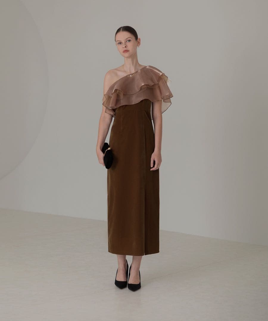 アシンメトリーティアードフリル3WAYベロアIラインドレスワンピース ブラウンM