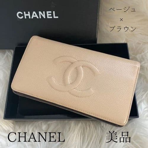 シャネル CHANEL 二つ折り 財布 ココマーク ベージュ キャビアスキン