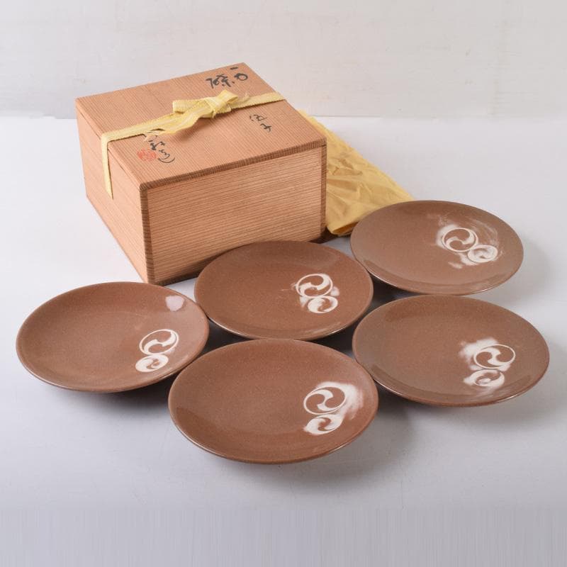 和食器　三浦竹軒作　一力皿　五客　共布共箱　C　7986