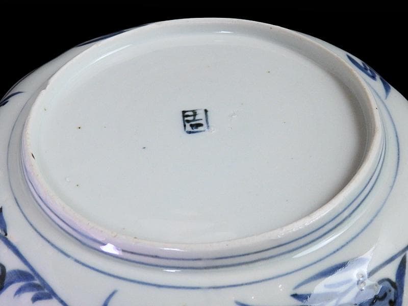 古伊万里　染付　菊花四方襷紋に若松の図　６寸皿　A361A-fbva