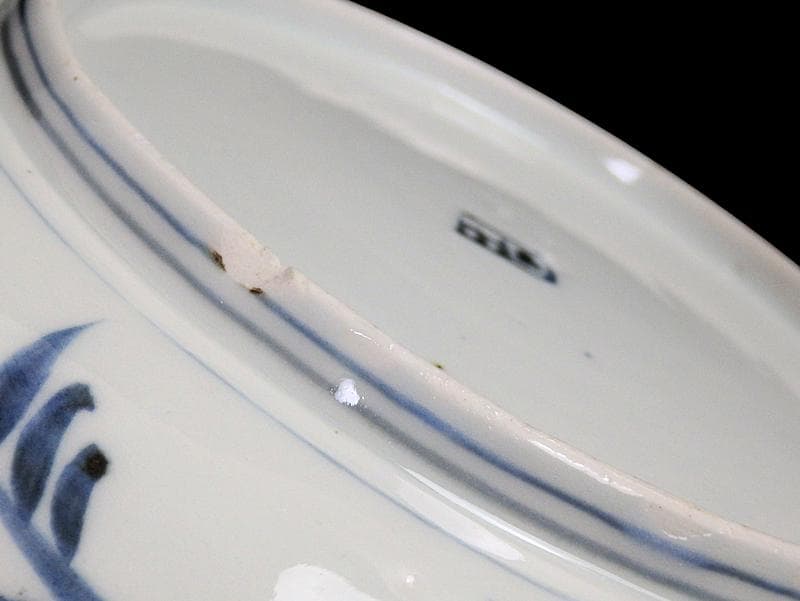 古伊万里　染付　菊花四方襷紋に若松の図　６寸皿　A361A-fbva