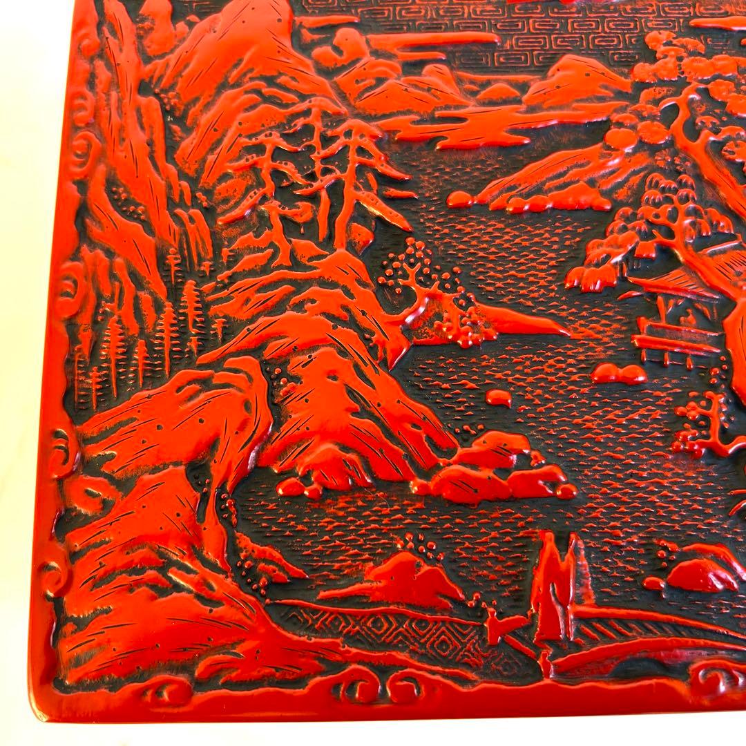 【希少】美品　漆器 堆朱 木製　手彫り　彫刻漆器 仙台堆朱 蓋付き　重箱　2段