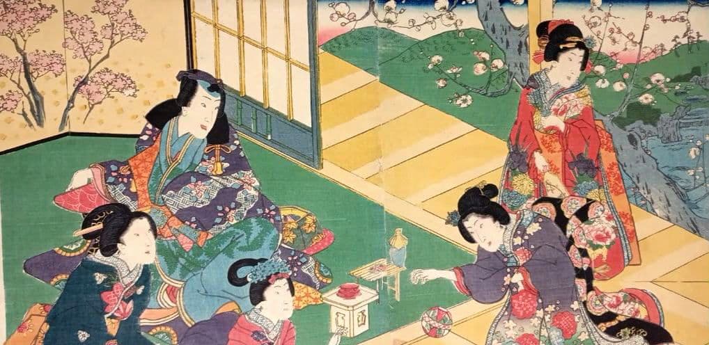 浮世絵、春色庭あそひ三枚綴り（偐紫田舎源氏)歌川房種画安政元年（1854)出版