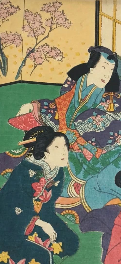 浮世絵、春色庭あそひ三枚綴り（偐紫田舎源氏)歌川房種画安政元年（1854)出版