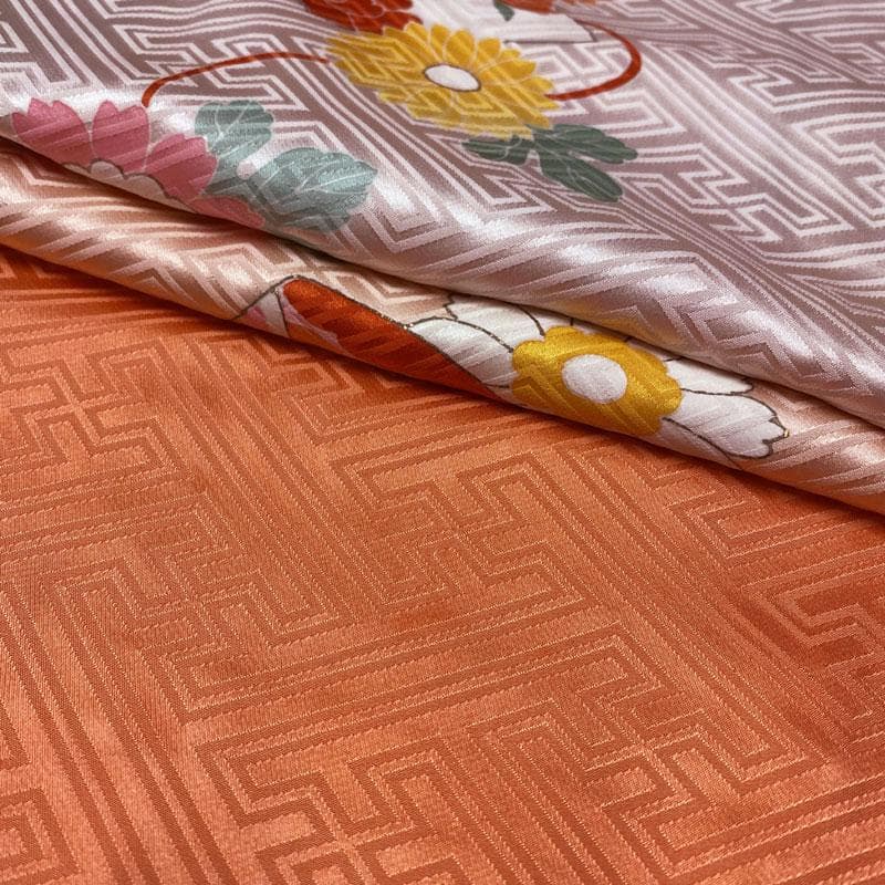 506ag60.小物◎七五三 七歳 女児 着物&袋帯 金彩 菊菖蒲扇 桜色 柿色