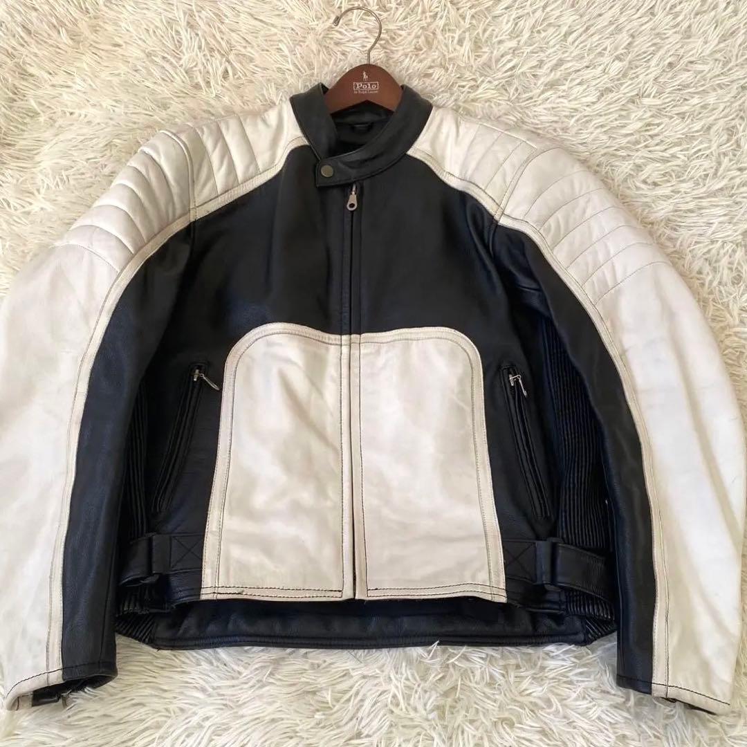 【良品✨】KOMINE バイカー ライダースジャケット シングル 黒 白 XL