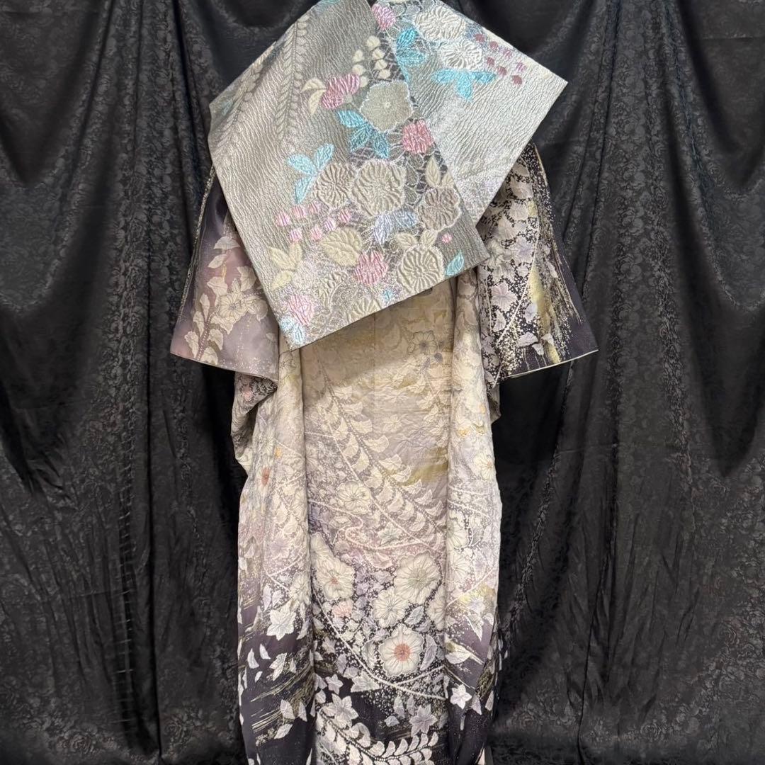 美品　辻ヶ花　銀通し　花絞り　金彩　ぼかし　灰紫　逸品　フルセット　振袖　振り袖