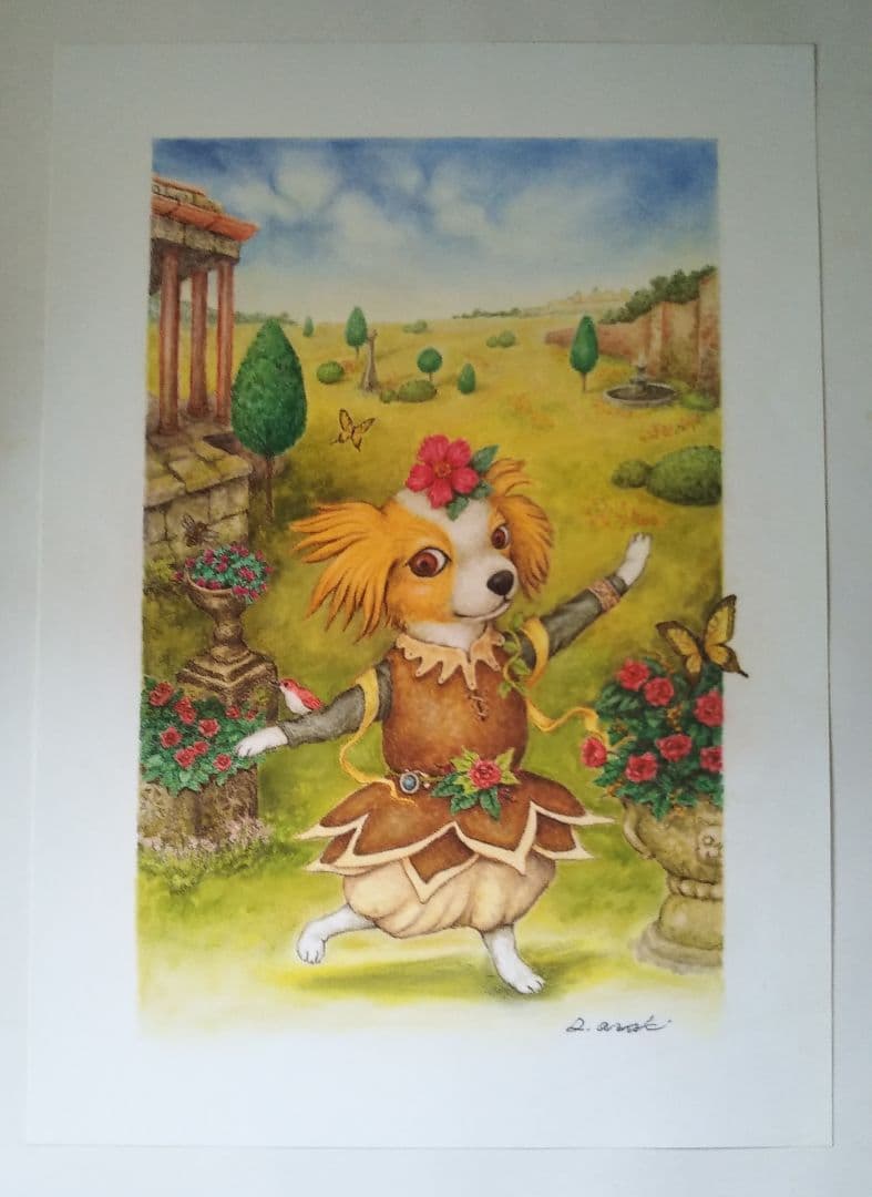 ✨【原画】『庭園でダンス』（絵画　パステル画　パピヨン　植物画　動物画　犬の絵）