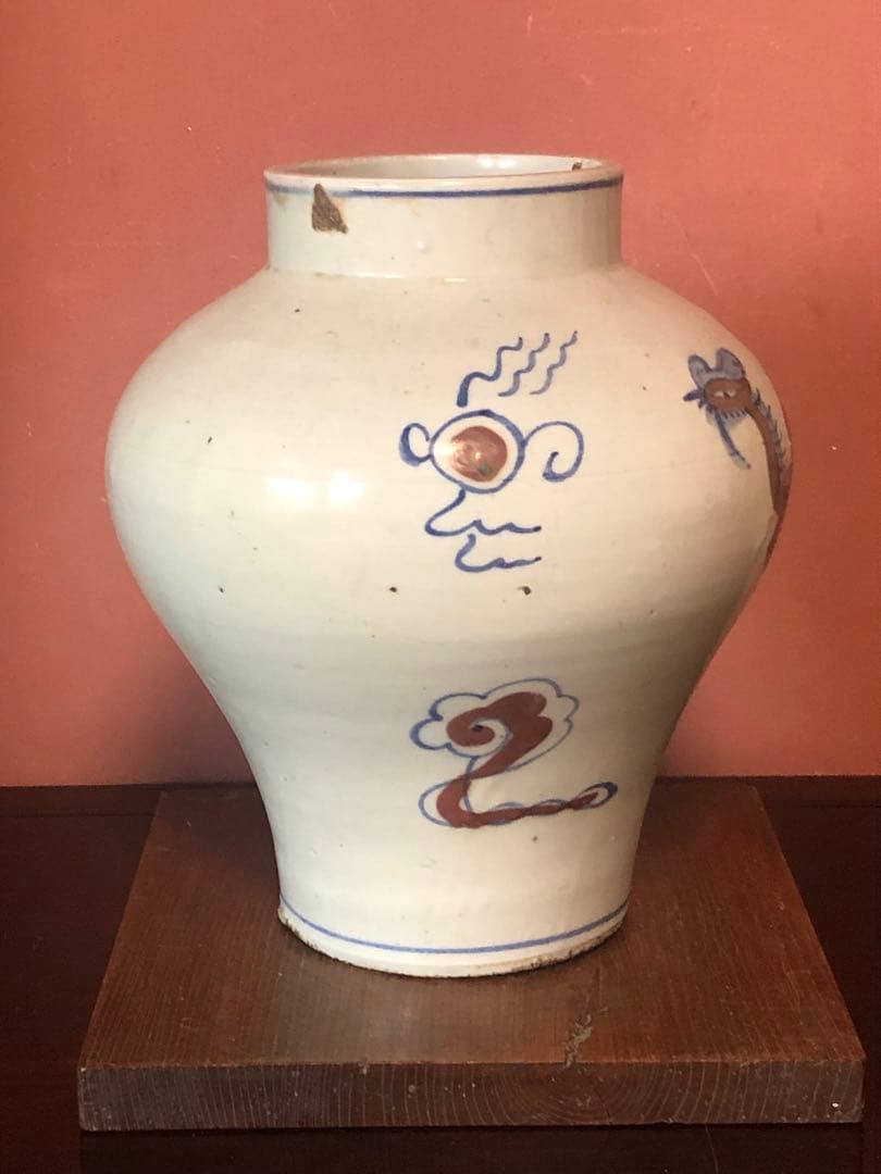 類品の少ない李朝辰砂染付鳳凰文大壷