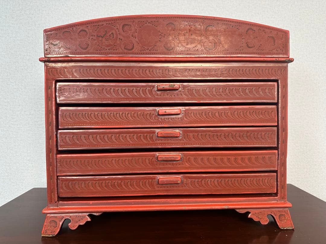 ミャンマー アンティーク 漆器 蒟醤 細密画 収納箱 引き出し 5段 ※31※