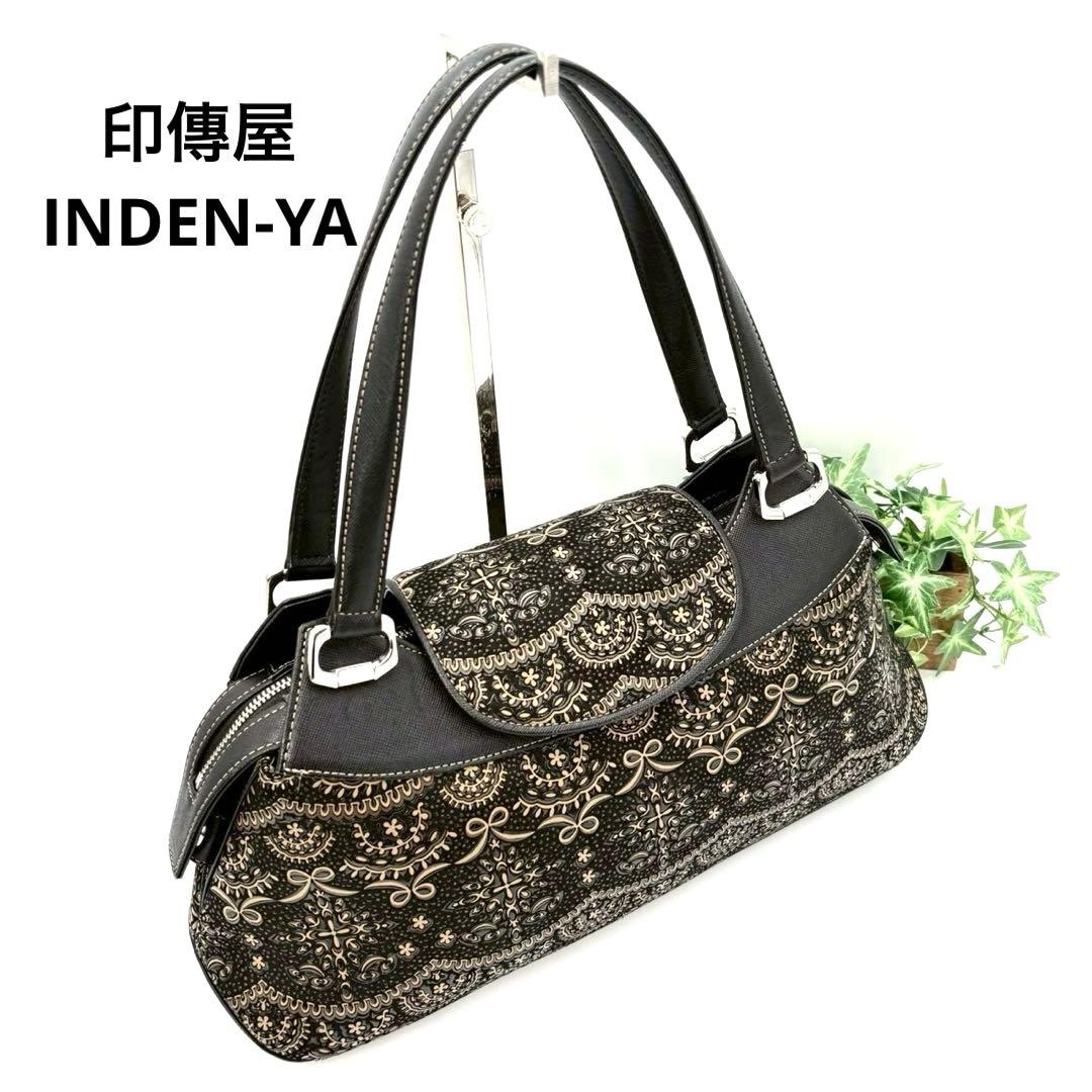 【超美品】印傳屋 PRIDEN プライデン 手提げバッグ 黒×ベージュ 鹿革 漆
