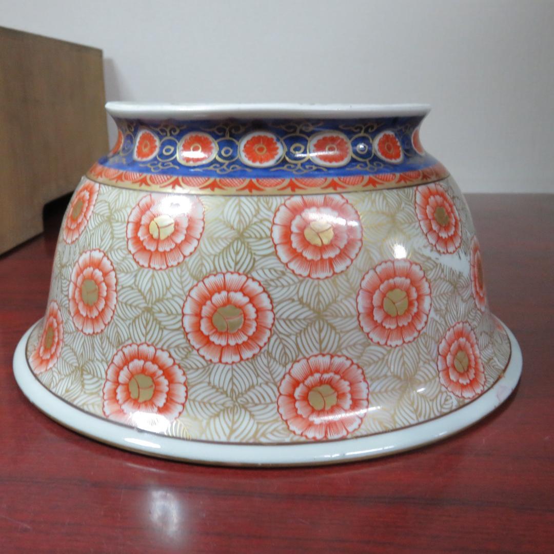 丼 鉢 花文様 金彩 色絵付 染付 窯傷 歪み 共箱 金魚鉢 明治