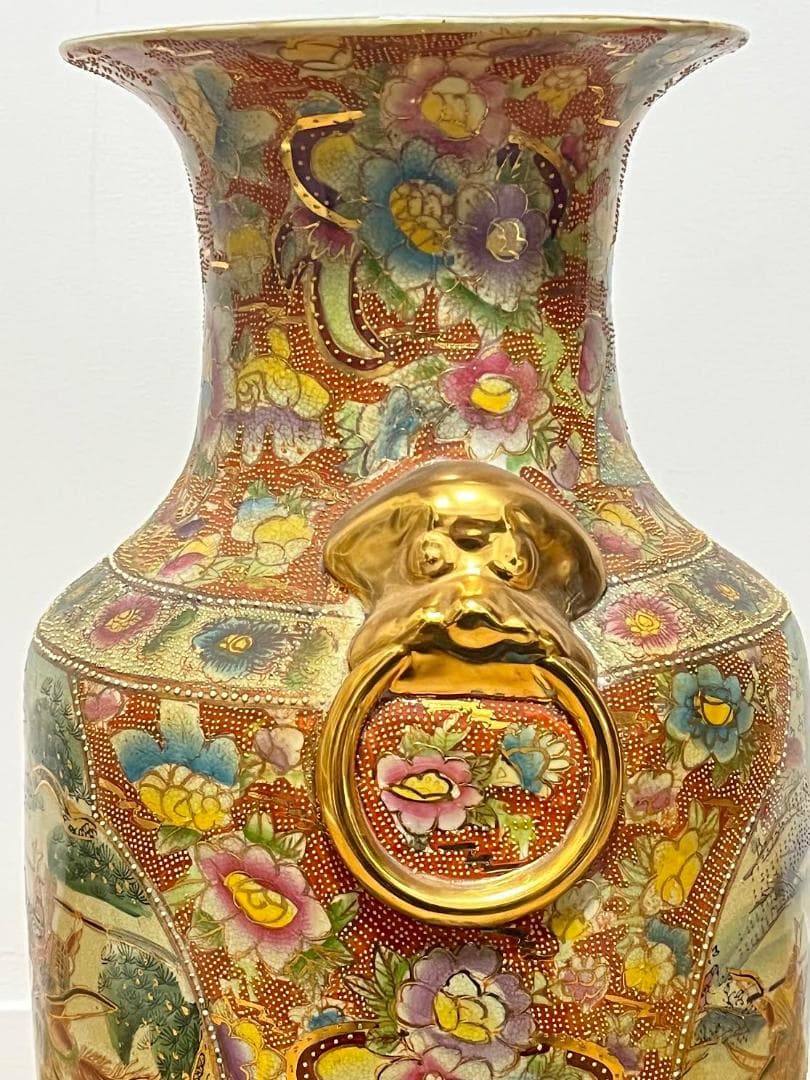 薩摩焼 大花瓶　鶴舞武士戦図　金彩耳双