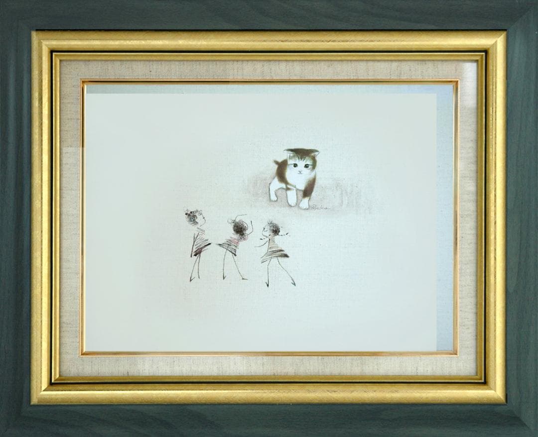 油絵 菅家令子 絵 絵画インテリア額付(青緑＋金色の枠)F4-090218猫女子