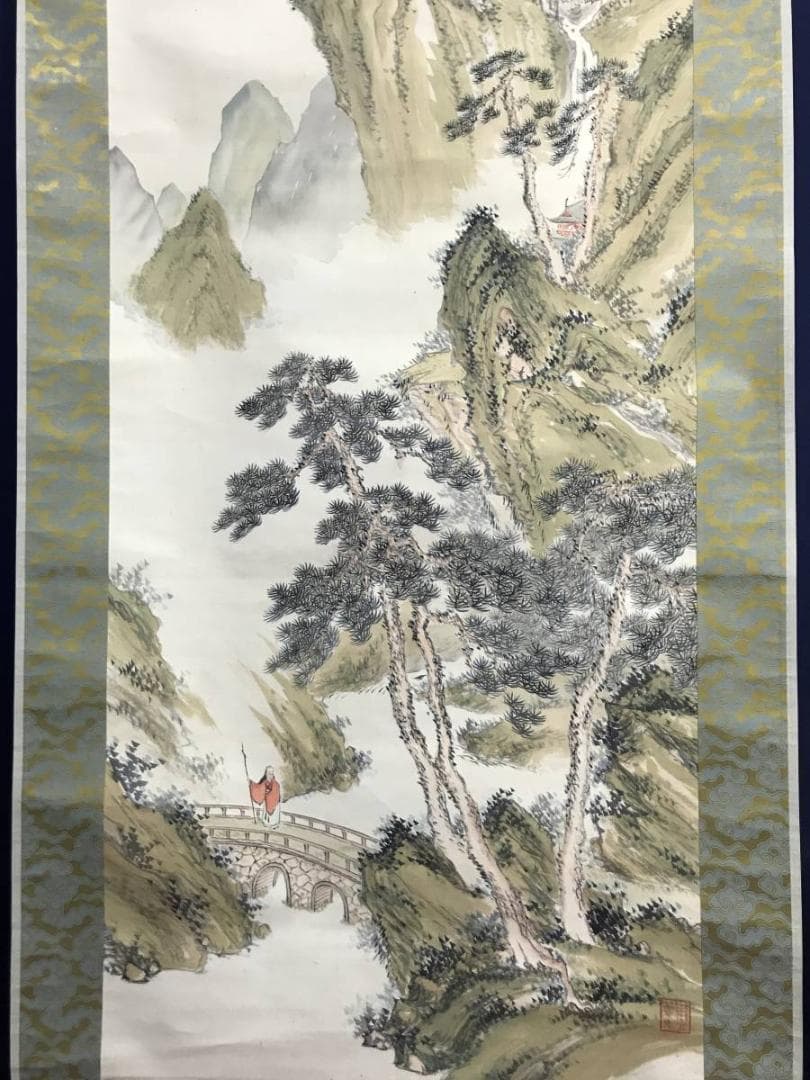 【真作】錦織竹香/青緑山水人物図/山水図/為書有り/掛軸/名家伝来/AD-80