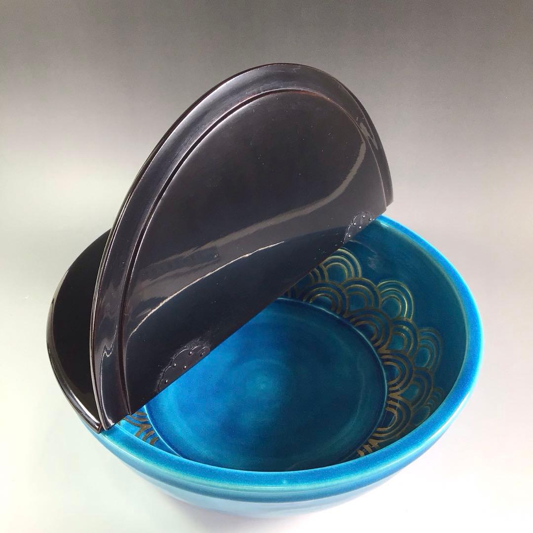 Ｐ８５８　水指　『加賀瑞山造』『トルコ釉』『青海波文』『平水指』　共箱　茶道具