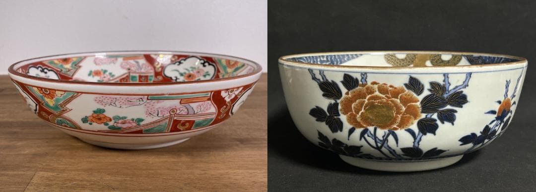 古伊万里　九谷　華やかで豪華な皿＆鉢　２点　セット　色絵　飾り皿　金彩　縁起物