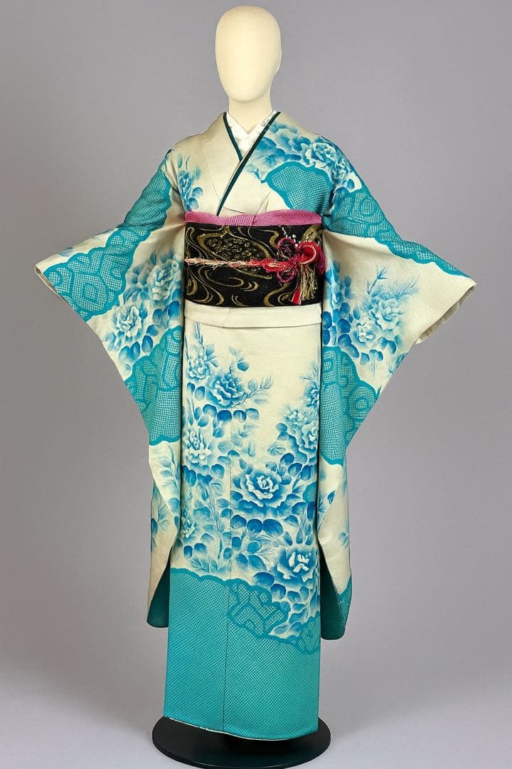 [ヴィンテージ] 振袖　正絹　白　水色　鹿の子絞り　成人式　結婚式　礼装　高身長