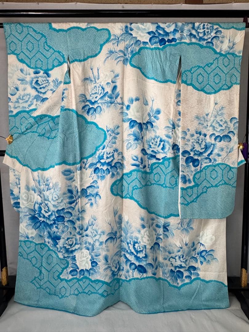 [ヴィンテージ] 振袖　正絹　白　水色　鹿の子絞り　成人式　結婚式　礼装　高身長