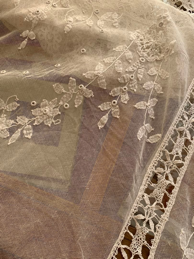 フランスアンティークフローラル刺繍チュールレースデュべカバー古色ホワイトカーテン