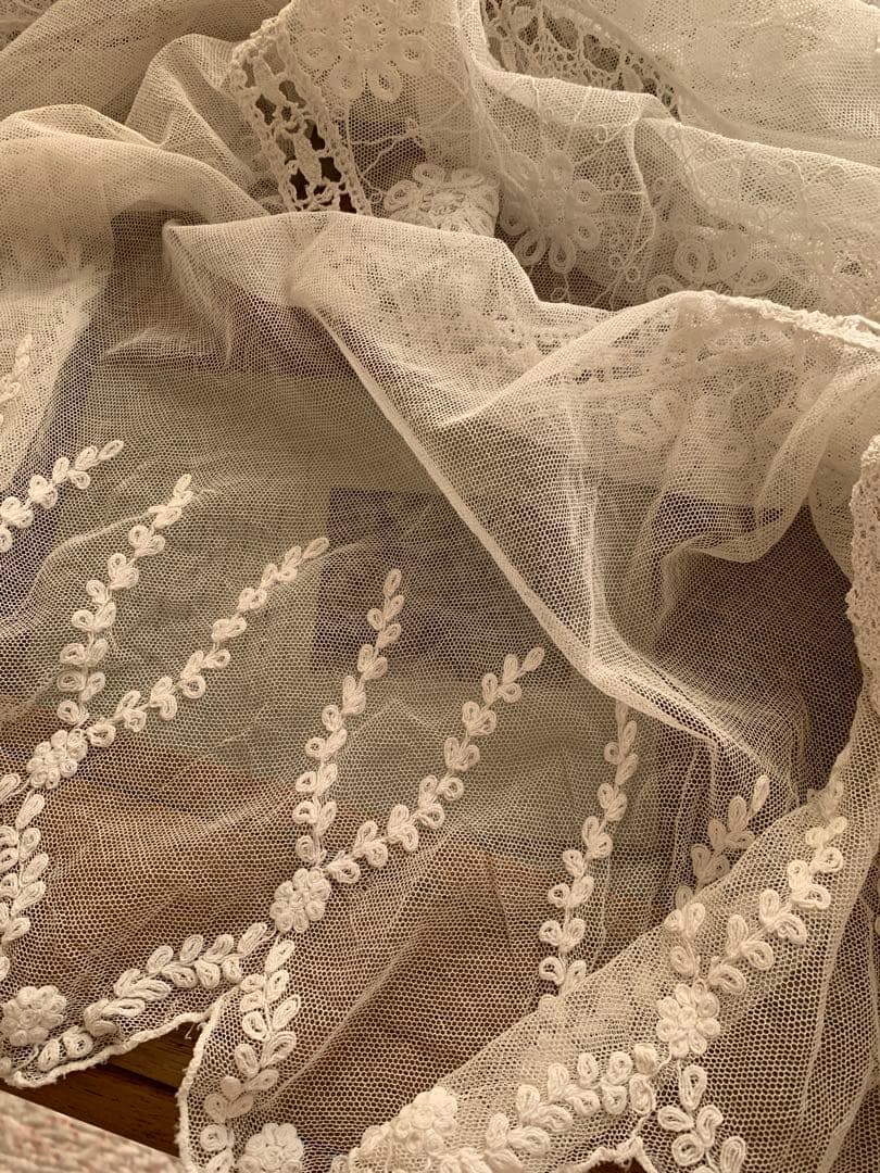 フランスアンティークフローラル刺繍チュールレースデュべカバー古色ホワイトカーテン