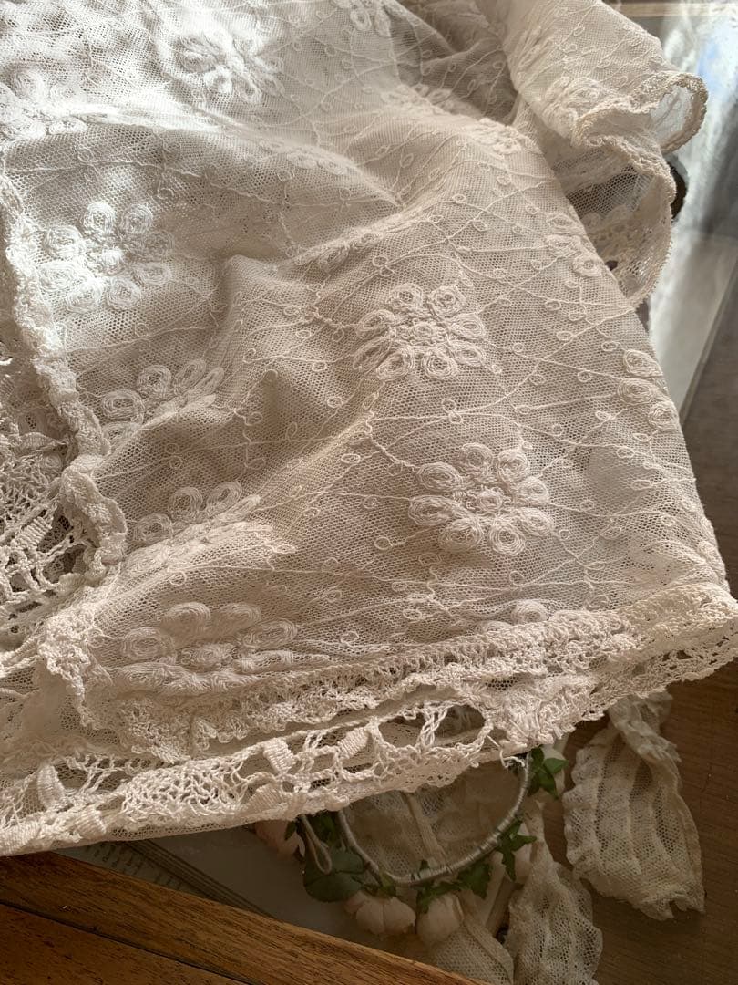 フランスアンティークフローラル刺繍チュールレースデュべカバー古色ホワイトカーテン