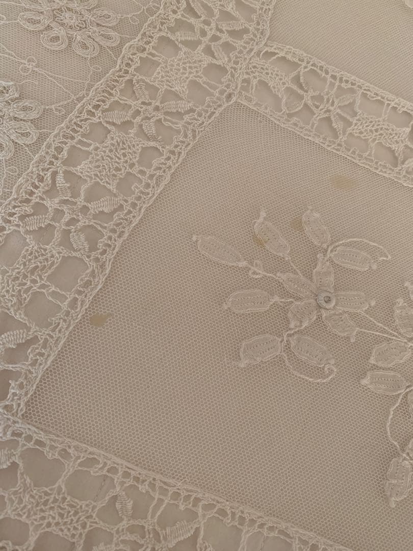 フランスアンティークフローラル刺繍チュールレースデュべカバー古色ホワイトカーテン