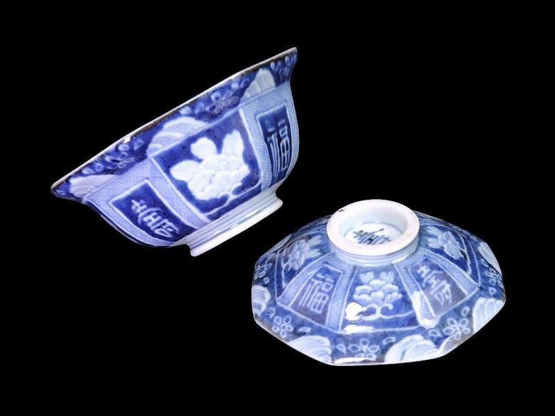 古伊万里　染付　牡丹に福寿の図　八角大振蓋茶碗　N096AS-DBx