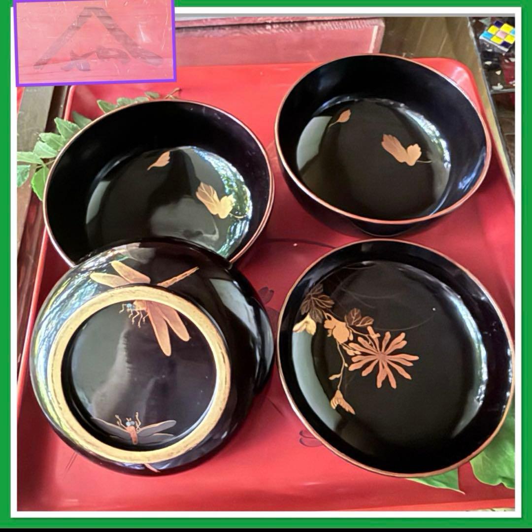 Ｂ様へ感謝お嫁入り‼️レアなかげろふJAPAN螺鈿蒔絵『蜻蛉＆菊＆木蓮上黒持椀4客