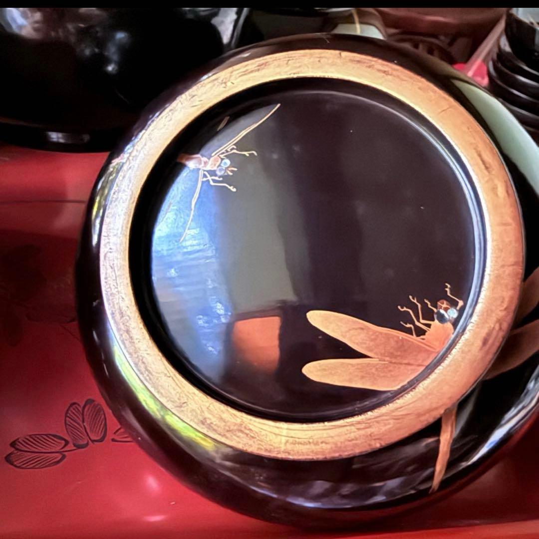 Ｂ様へ感謝お嫁入り‼️レアなかげろふJAPAN螺鈿蒔絵『蜻蛉＆菊＆木蓮上黒持椀4客