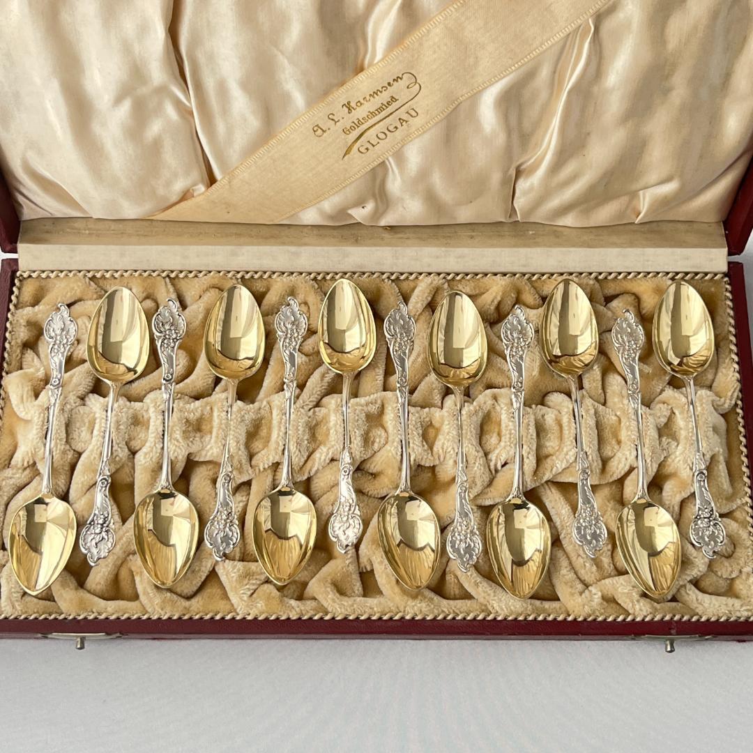 【ドイツ】レリーフのモカスプーン 12本【純銀】 10.5cm ケース