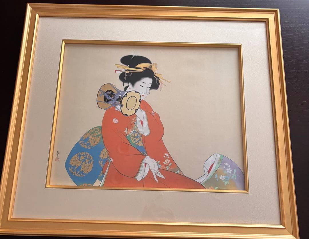 上村松園　鼓の音　シルクスクリーン　額装