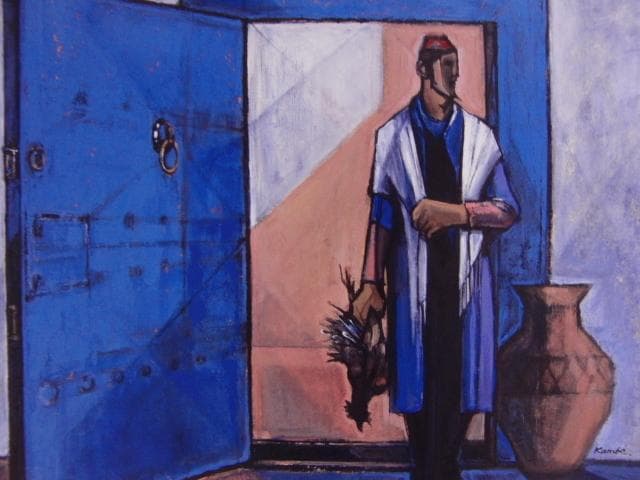 神戸文子「青い扉」、希少画集画、状態良好、新品高級額装付