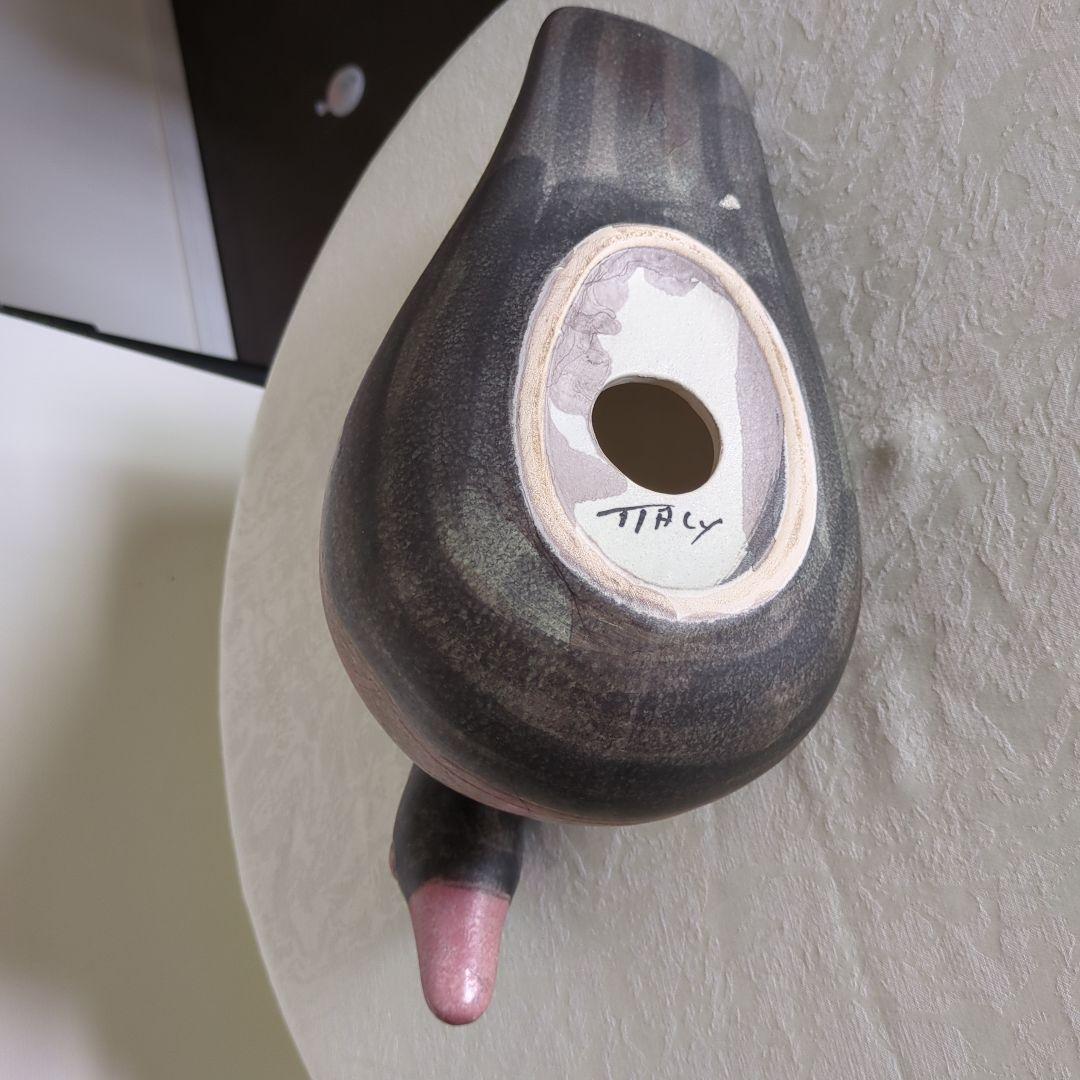 ITALY 陶器　カモ置物　オブジェ　　彫り模様有