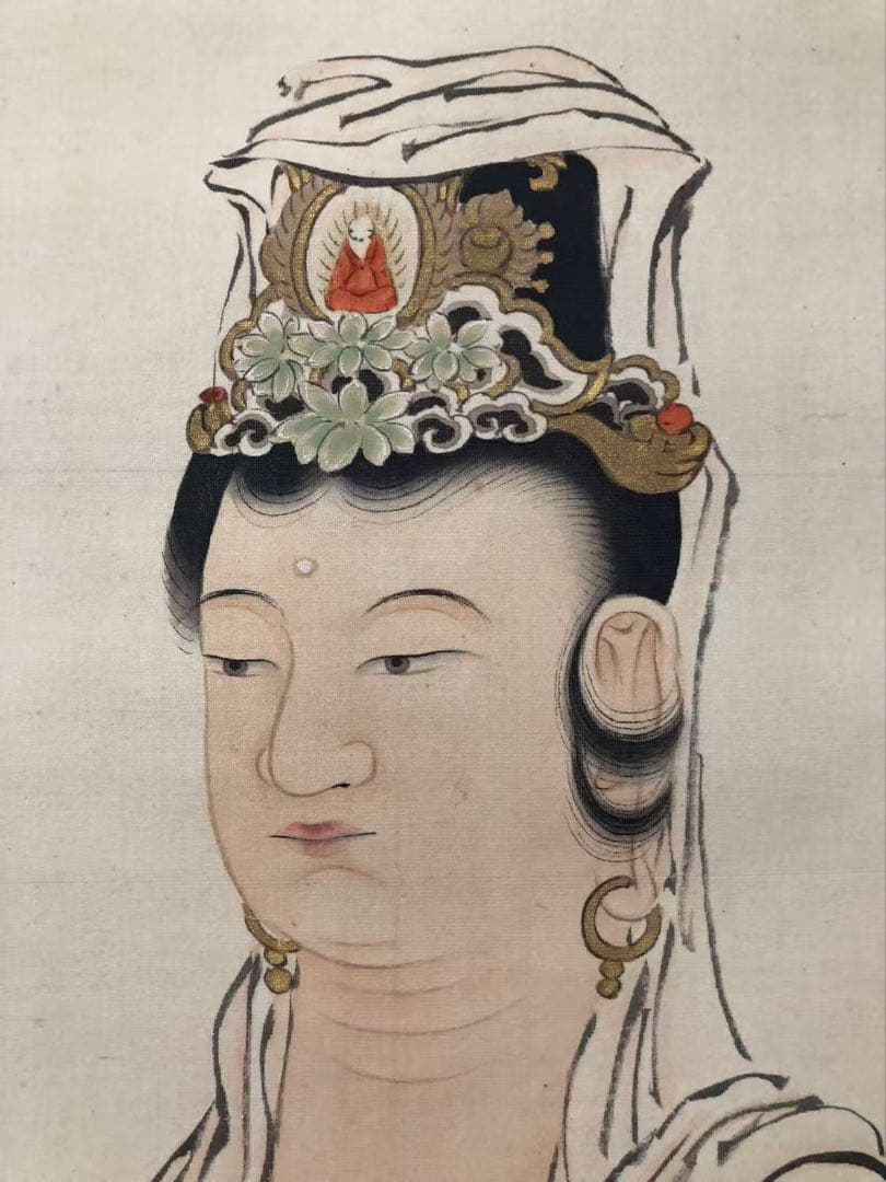 掛け軸　佛画 金鳞 絵［観音図］絹本　肉筆　木箱無！