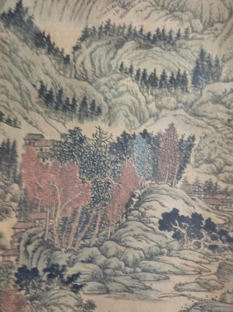 中国古美術 明代 文徴明作款 山水画 水墨画 絹本 三尺 手描き 掛け軸 肉筆