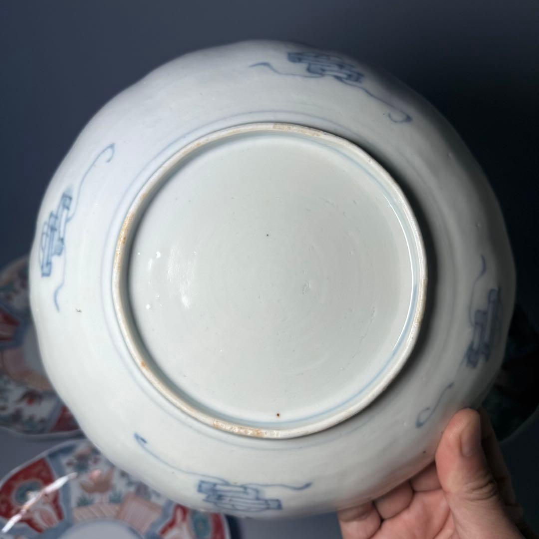 古伊万里　色絵花鳥図輪花形七寸皿　5枚　松竹梅　裏巻物文様　金蘭手　赤絵　江戸期