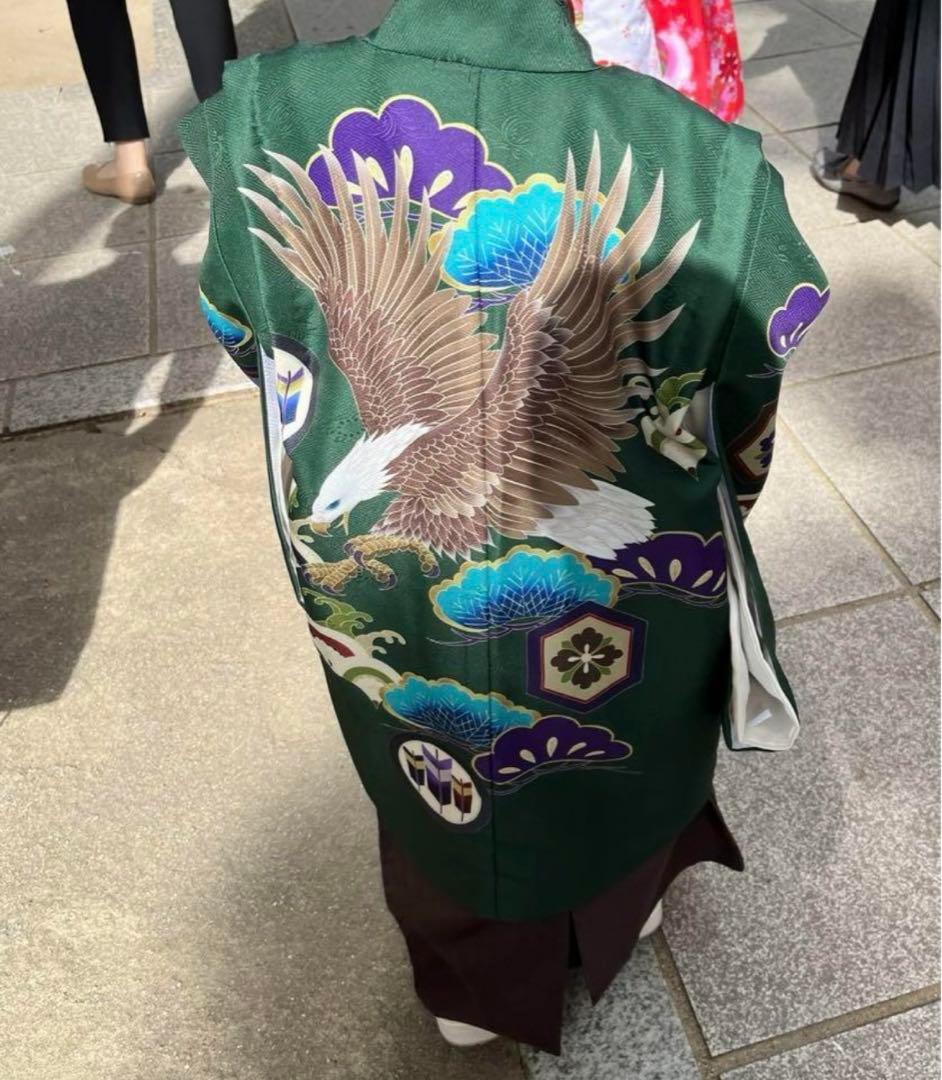 緑色 袴セット 鶴と鷹