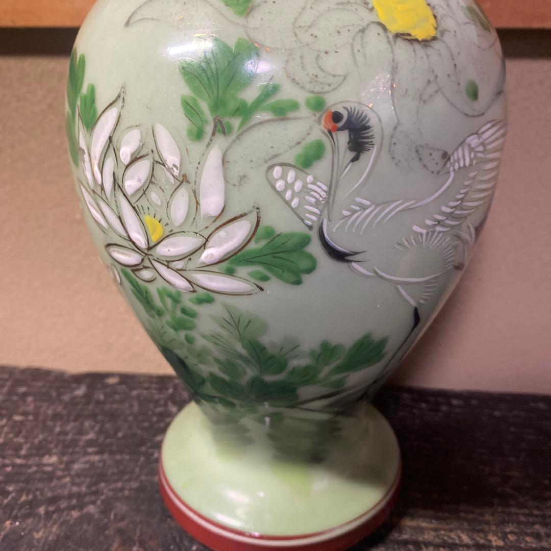 龍耳付色絵青磁花瓶　【作名有】