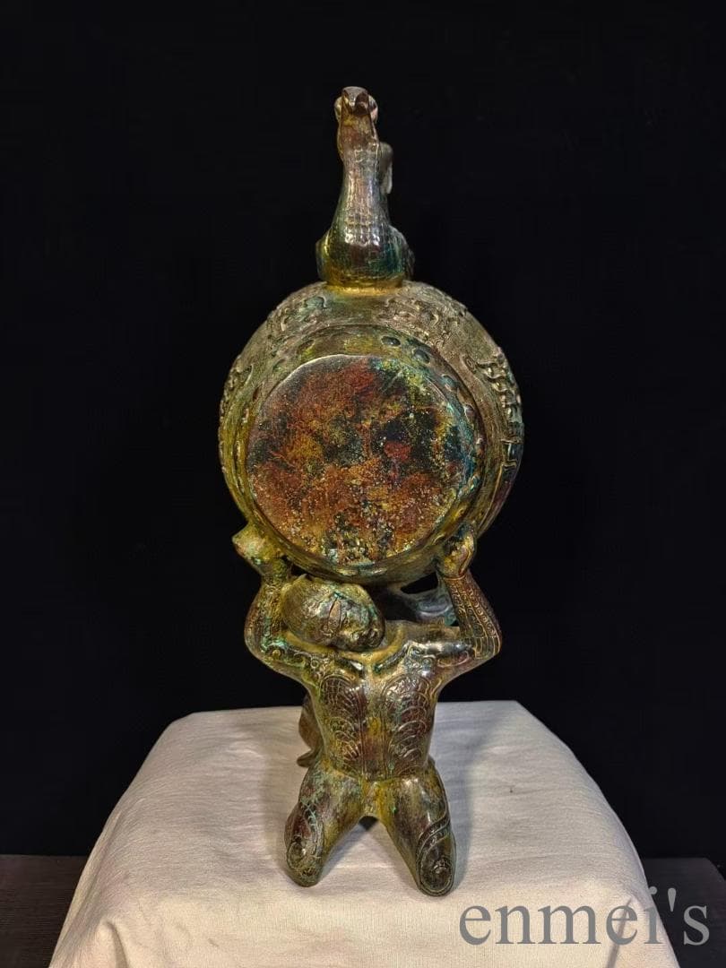 中国古美術 漢代 青銅器 跪人双鳥鼓 古代楽器 打楽器 禮楽器 青銅美術 骨董品