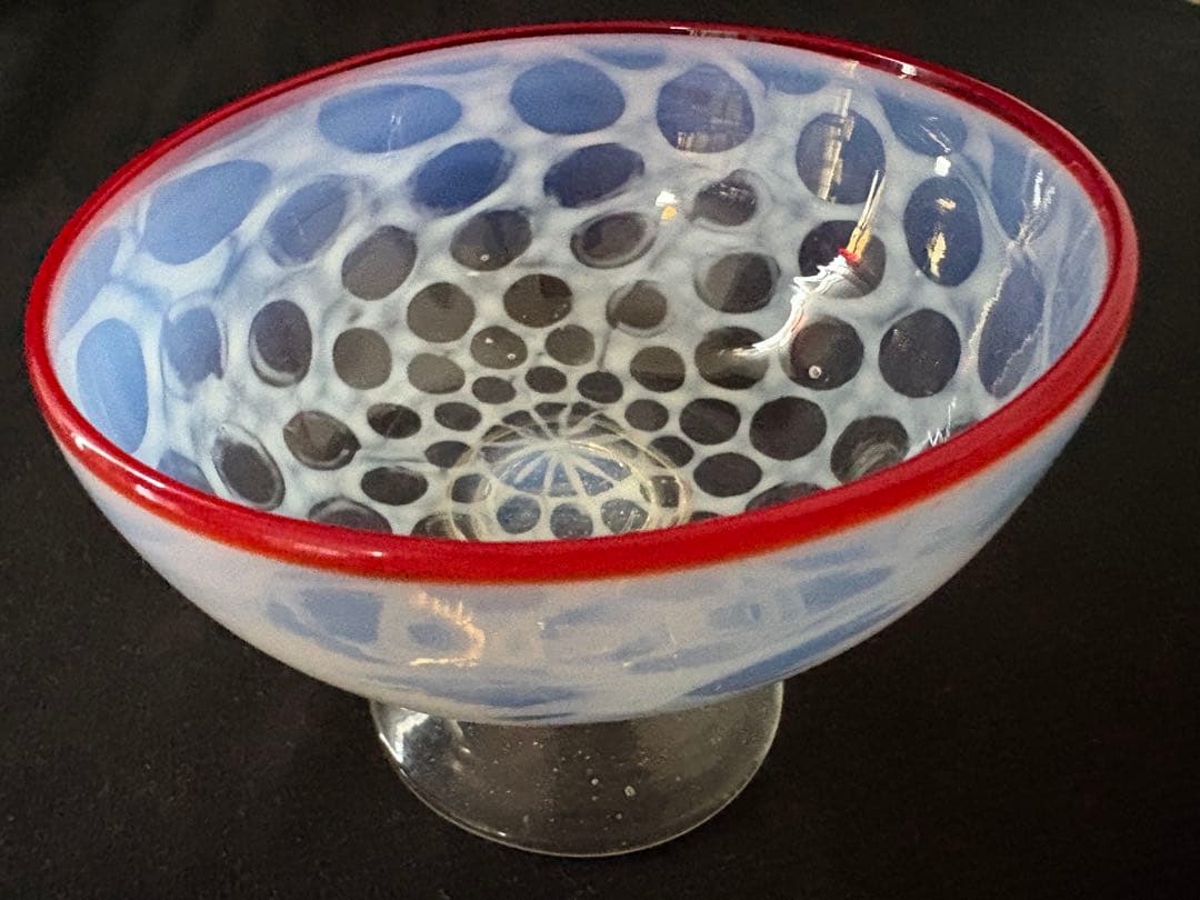 大正ガラス　和ガラス　氷カップ　朱色縁　水玉模様　ドット模様　アンティーク